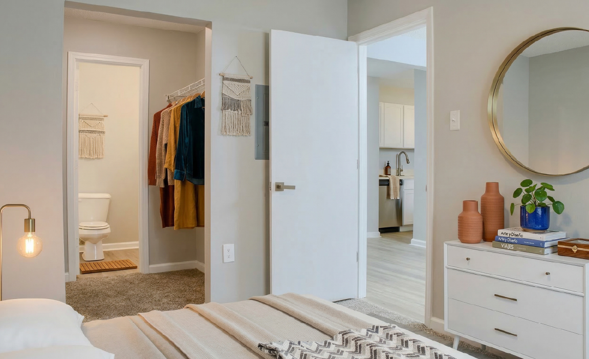 Bedroom with walk-in closet and en-suite bathroom at The Ameline apartments in New Orleans East