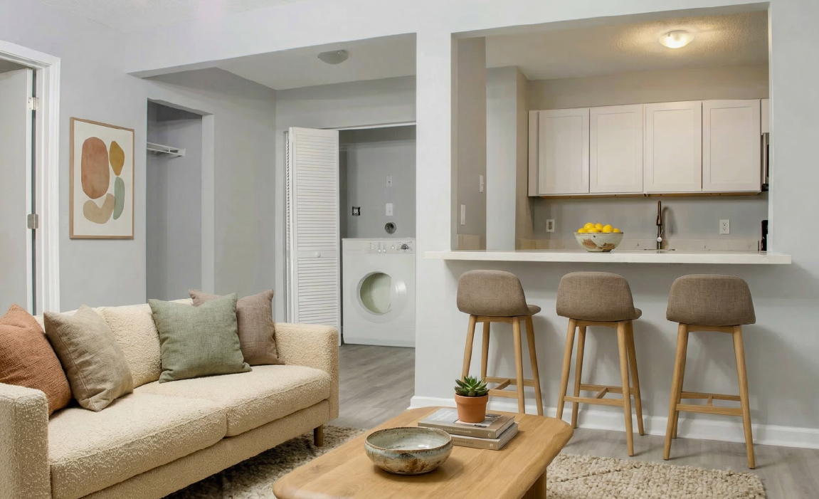Spacious living room and kitchen with bar seating and in-unit washer at The Ameline apartments