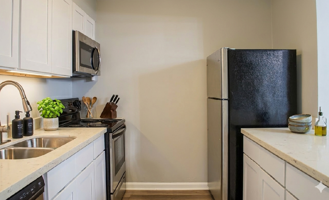 Modern kitchen with stainless steel appliances and quartz countertops at The Ameline New Orleans East