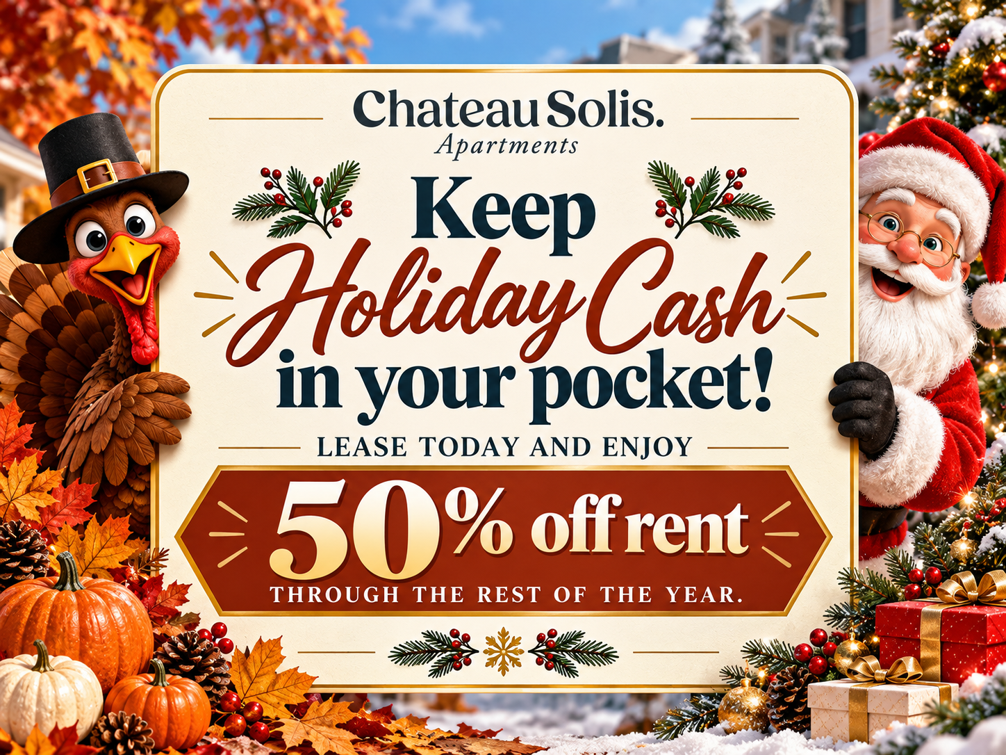 Keep Holiday Cash in your pocket! 
Lease today and Enjoy
50% off rent through the rest of the year. 